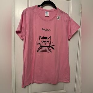 Bonjour Pink Cat Graphic T-Shirt